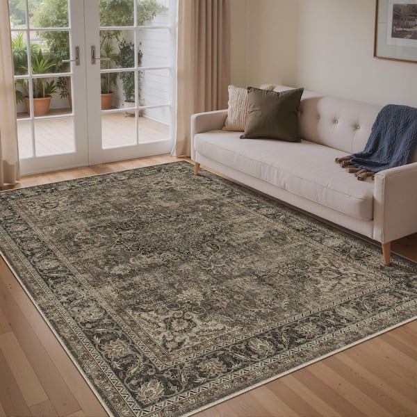 Kerman Brown 5 ft. x 7 ft. Vintage Medallion Distressed Area Rug