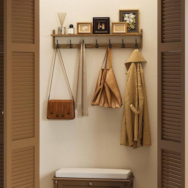 Angel Sar 35 in. Brown Wall-Mounted Coat Rack with Wood Shelf and
