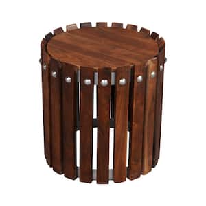 Myla 15 in. Dark Walnut Brown Hancrafted Round Acacia Wood Top Round Side End Table with Vertical Planks and Metal Rivet