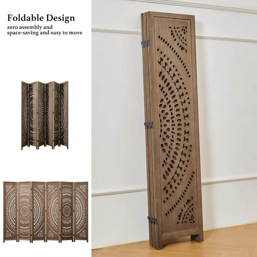 90 in. Brown Wood Carved 6-Panel Folding Room Divider