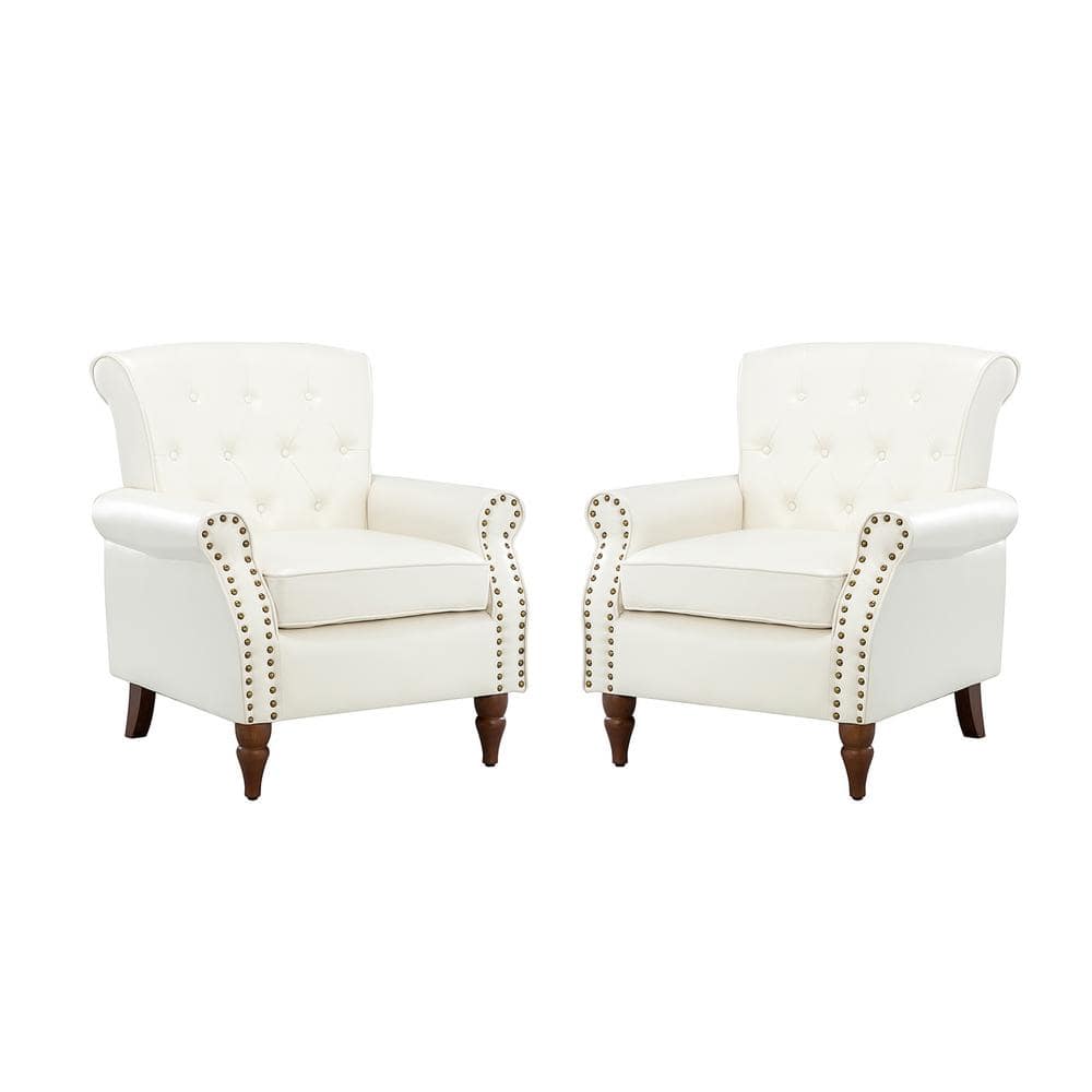 Ivory Faux Leather Accent Chair with Nailhead Trim and Wood Legs