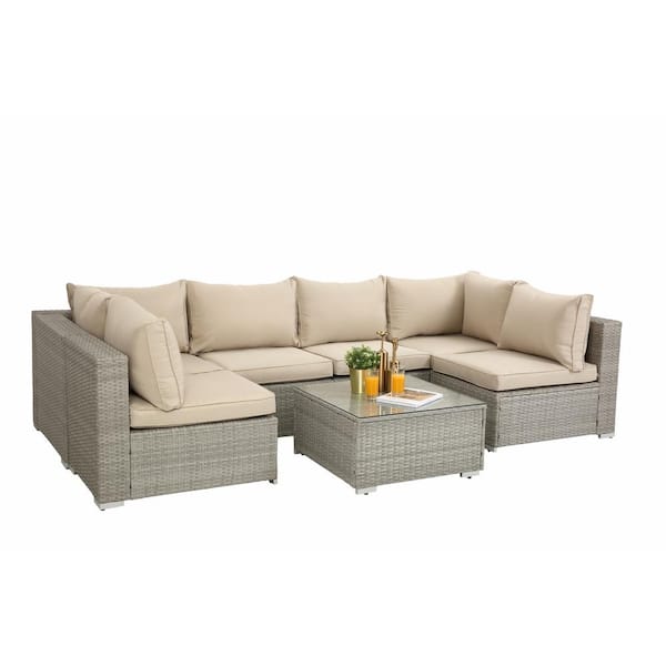 Unbranded Gray 7-Piece PE Rattan Wicker Outdoor Sectional Sofa Sets with 2 Pillows Coffee Table and Beige Cushions