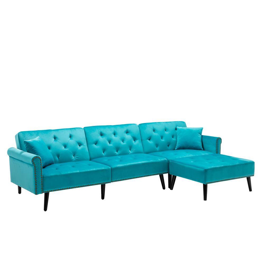 HOMEFUN 115 in. Light Blue Velvet 3Seater Convertible Sectional