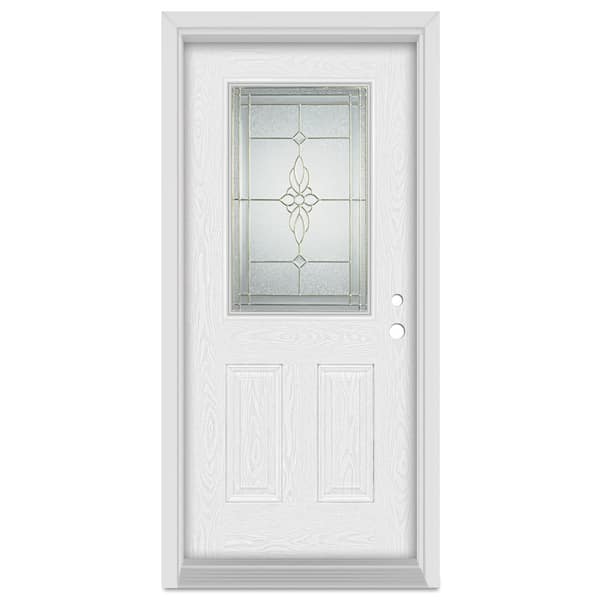 Stanley Doors 32 in. x 80 in. Victoria Left-Hand 1/2 Lite Brass Finished Fiberglass Oak Woodgrain Prehung Front Door