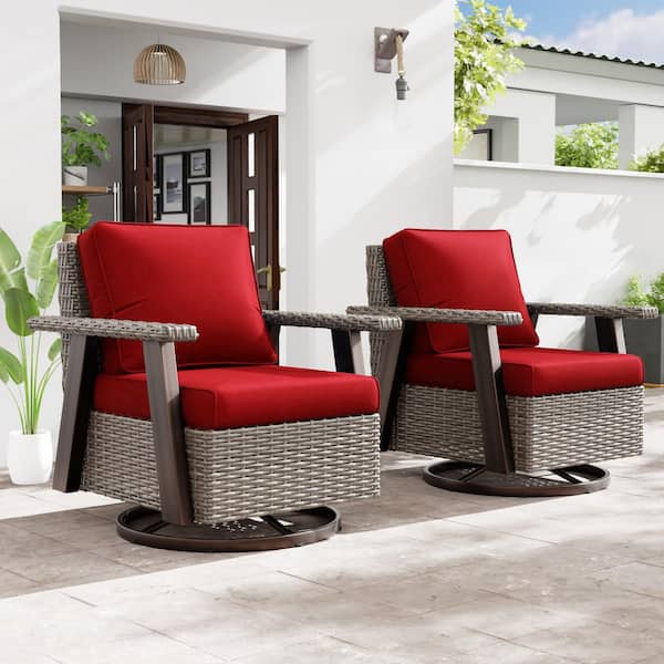 JOYSIDE Wicker Patio Outdoor Rocking Chair Swivel Lounge Chair with Red Cushion (2-Pack)