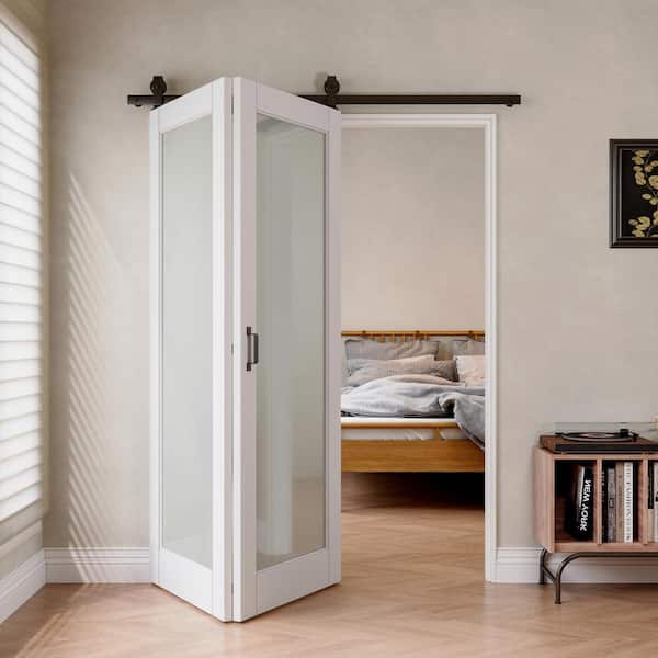 60 in. x 80 in. 1 Lite Tempered Frosted Glass White Primed MDF Bifold Sliding Barn Door with Hardware Kit