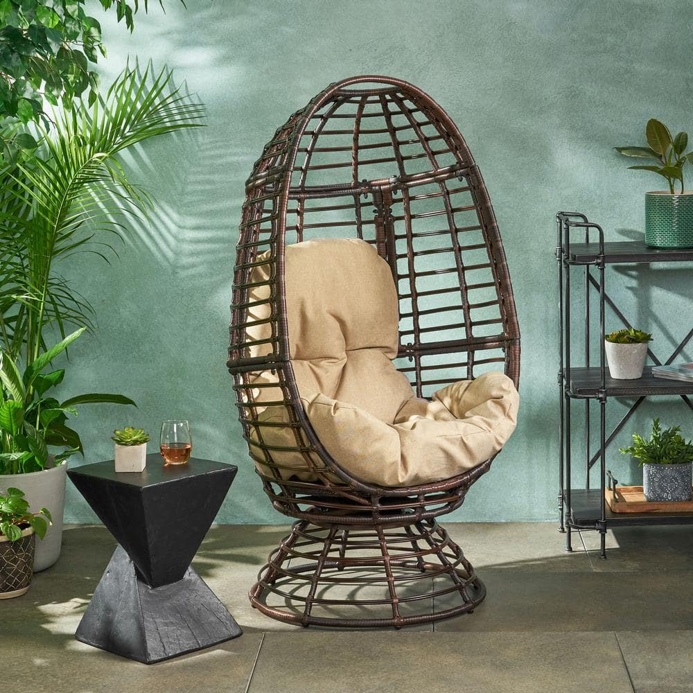 Pitner Dark Brown Iron Swivel Egg Chair with Beige Cushions