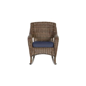 Cambridge Brown Wicker Outdoor Patio Rocking Chair with CushionGuard Midnight Navy Blue Cushions