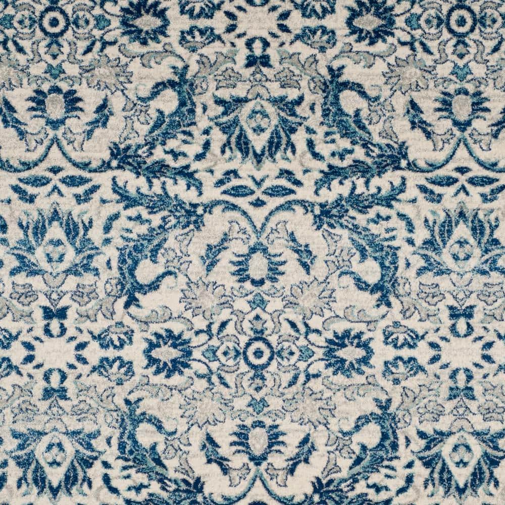 Ivory and Blue High Pile Floral Area Rug