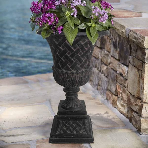 Heavy Ornate Black Cast Iron Acorn Finial Footed Outdoor Garden Planter