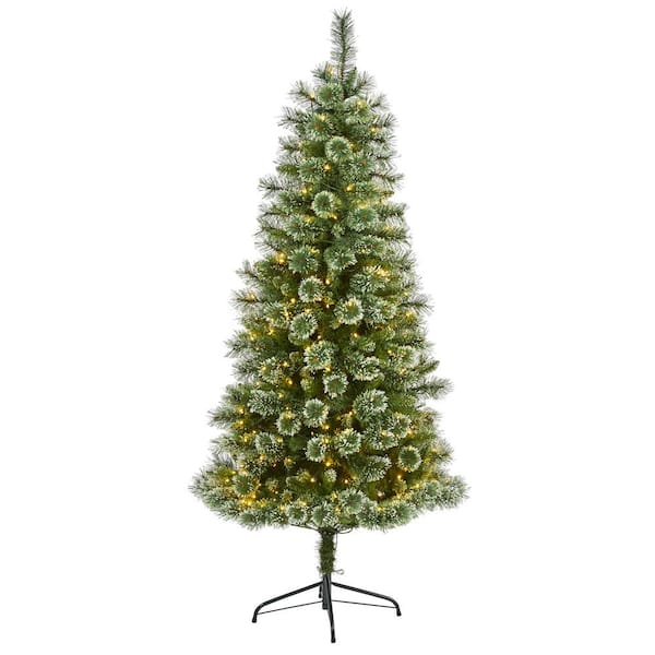 Nearly Natural 6 ft. Pre-Lit Wisconsin Slim Snow Tip Pine Artificial Christmas Tree with 300 Clear LED Lights