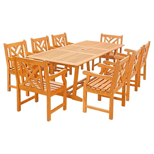 Vifah Eco-Friendly 9-Piece Wood Outdoor Dining Set with Rectangular Extension Table and Decorative Back Arm Chairs