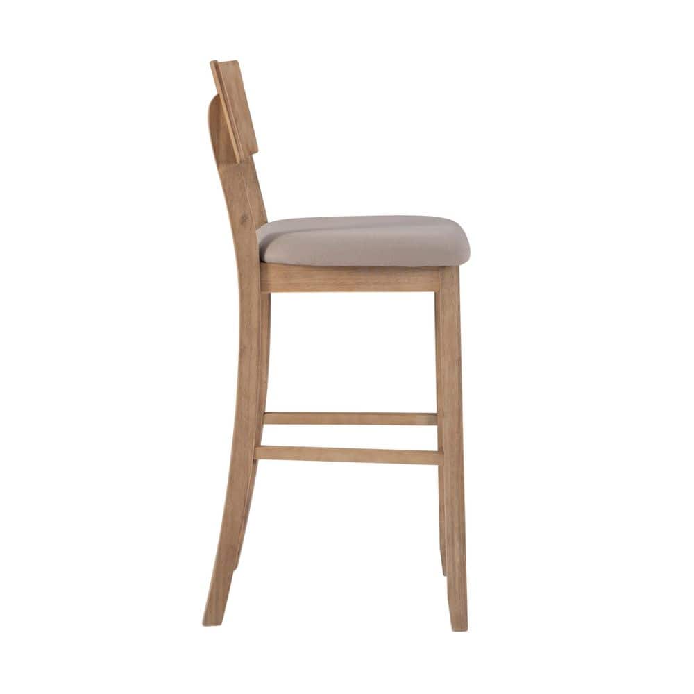 Rustic Gray Wash 46" Acacia Wood Bar Stool with Light Gray Linen Cushion