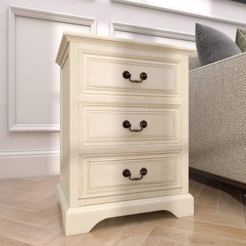 Elegant Cream Solid Wood & Metal 3-Drawer Storage Side Table