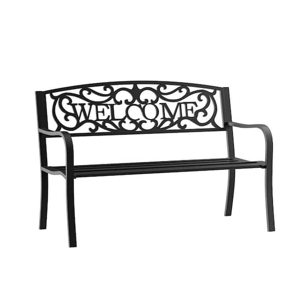 COOLSHARK 50 in. Garden Bench w/Welcome Pattern Outdoor Benches, Metal Frame Patio Bench for Lawn Yard Porch Work Entryway, Black