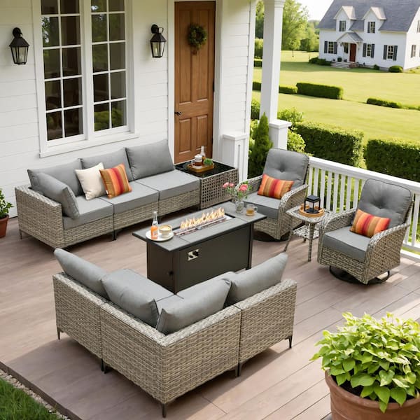 HOOOWOOO Holston 11-Piece Wicker Outdoor Patio Conversation Sofa Set with a Metal Fire Pit, Swivel Chairs and Dark Grey Cushions
