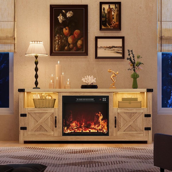 58 in. Beige TV Stand with Fireplace Fits TVs up to 65in. LED Entertainment Center with Storage Shelves and Cabinets