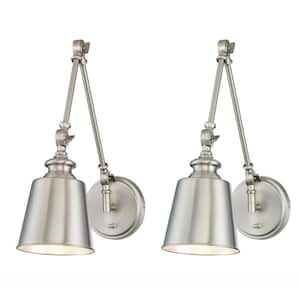 5.75 in. W x 17 in. H 1-Light Brushed Nickel Wall Sconce with Adjustable Arm and Vintage Metal Shade (Set of 2)