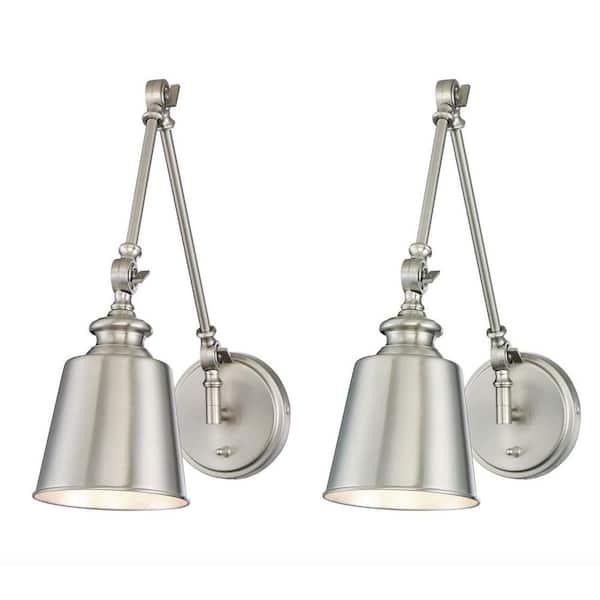 TUXEDO PARK LIGHTING 5.75 in. W x 17 in. H 1-Light Brushed Nickel Wall Sconce with Adjustable Arm and Vintage Metal Shade (Set of 2)