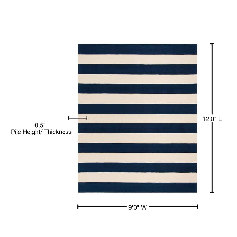 Ivory and Navy Striped Wool Kids 9' x 12' Rug