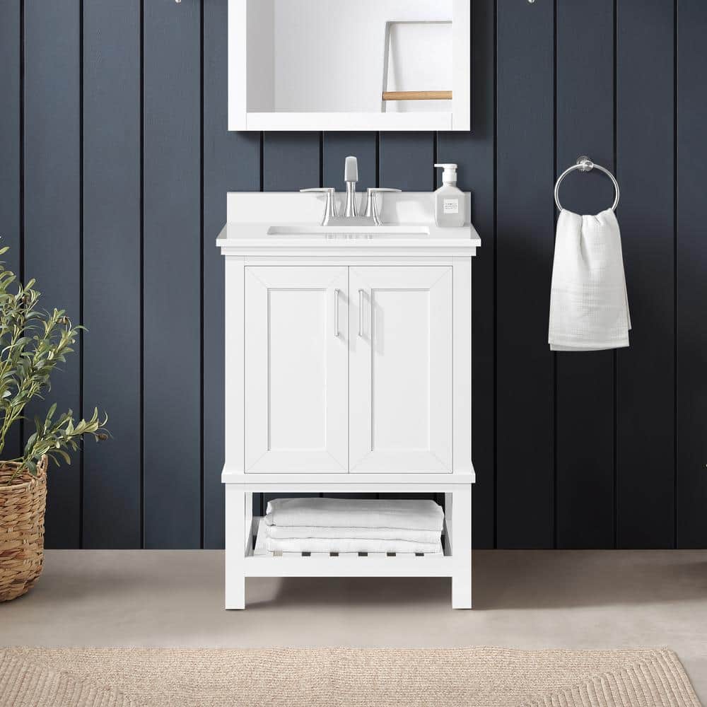 Home Decorators Collection Tupelo 24 in. W x 19 in. D x 34.5 in. H Single Sink Bath Vanity in White with White Engineered Stone Top