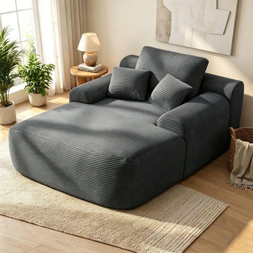 Seafuloy Gray Corduroy Chaise Lounge, Sofa Bed, Oversized Chair with 2 ...