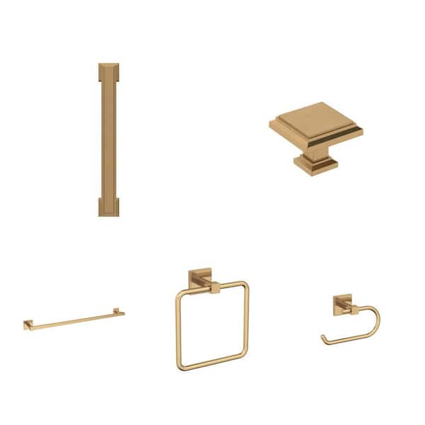 Appoint Champagne Bronze Hardware Set: 5-1/16 in. Bar Pull, 1-1/4 in. Knob, 24 in. Towel Bar, Towel Ring and Holder