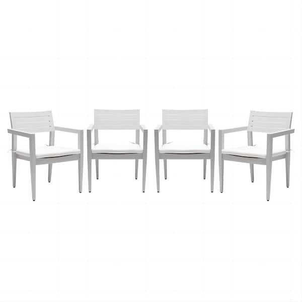 Unbranded Set of 4 Aluminum Outdoor Patio Fixed Dining Chairs with Outdoor Grade Fabric Cushions, Tapered Feet, White