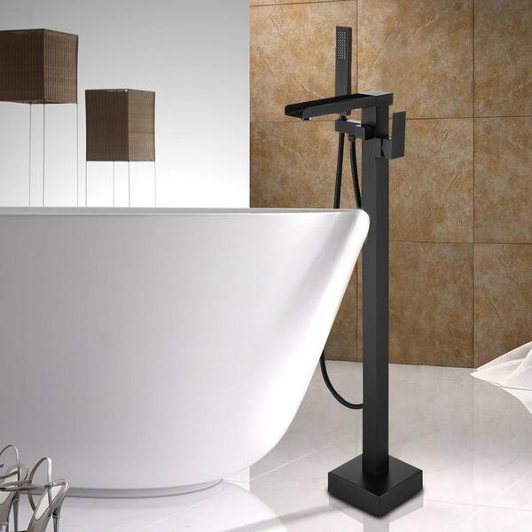 Matte Black Floor Mounted Bathtub Faucet Waterfall Free Standing Tap W/Handheld