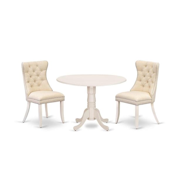 East West Furniture 3-Piece Linen white Solid Wood Top-Round Dining Room Set with Dropleaf-Seats 4
