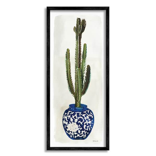 Stupell Industries "Cactus in Blue Ornate Vase Succulent Still Life" by Stellar Design Studio Framed Nature Wall Art Print 10 in. x 24 in.