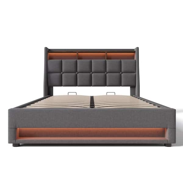 Gray Wood Frame Full Upholstered Platform Bed with Hydraulic Storage, LED, Shelves, 2 USB Charging Ports and 2 Pockets