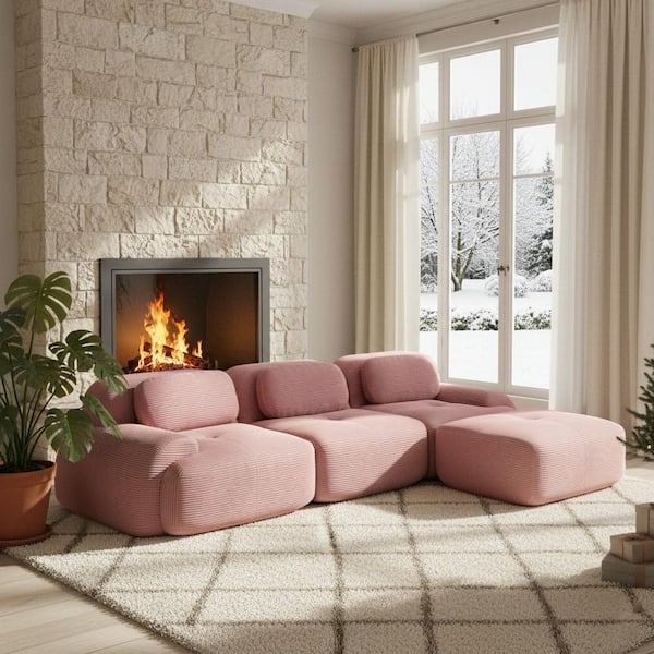SMZO 117.3 in. Rolled Arm 3-Piece Corduroy Modular Sectional Sofa in. Rose Pink with Ottoman, and Flexible Layout
