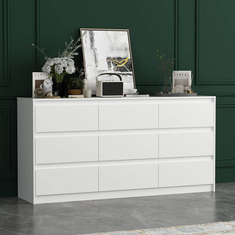FUFU&GAGA 9-Drawer White Paint Finish Dresser Chest of Drawers 31.5 in. H x 63 in. W x 15.7 in. D -  KF250020-01