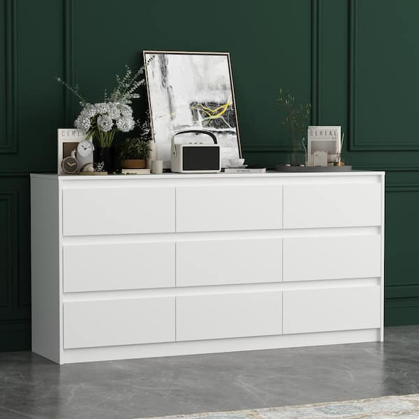 FUFU&GAGA 9-Drawer White Paint Finish Dresser Chest of Drawers 31.5 in. H x 63 in. W x 15.7 in. D