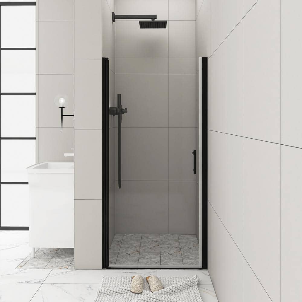 33 in. W x 72 in. H Pivot Semi-Frameless Shower Door in Matte Black with Cl