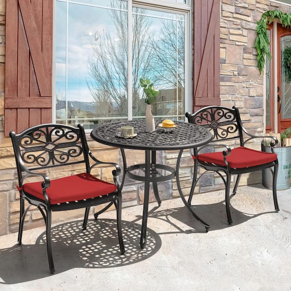 Nuu Garden Black with Gold-Painted Edge 3-Piece Cast Aluminum Outdoor Bistro Set with Olefin Red Cushions and Umbrella Hole