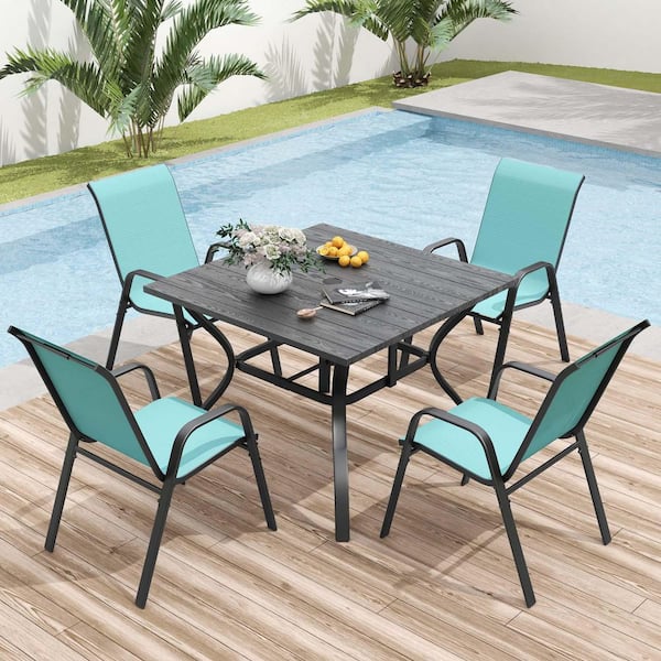 Sky Blue Steel Outdoor Dining Chair Wide Seat Patio Chair Bistro