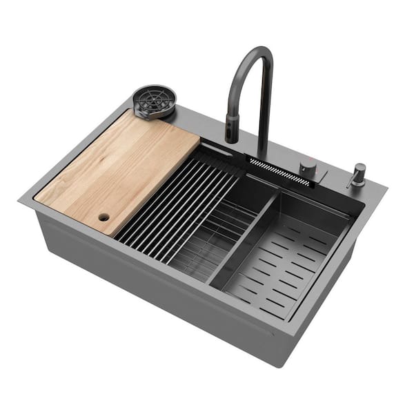 33.2 in. Drop-in Single Bowl Matte Black 304 Stainless Steel Kitchen Sink Flying Rain Waterfall Sink Set