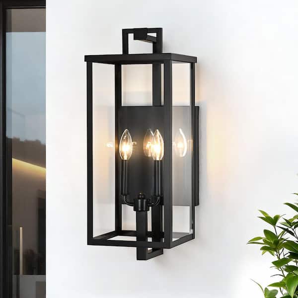 22 in. 2-Light Matte Black Hardwired Large Outdoor Wall Light Lantern Porch Sconce with Clear Glass, No Bulbs Included