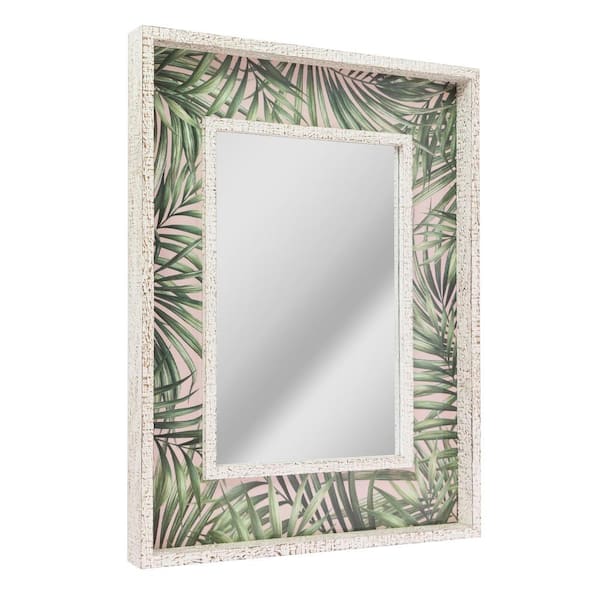Deco Mirror 23 in. x 29 in. Tropical Leaves Print Distressed White Raised Lip Double Framed Accent Mirror
