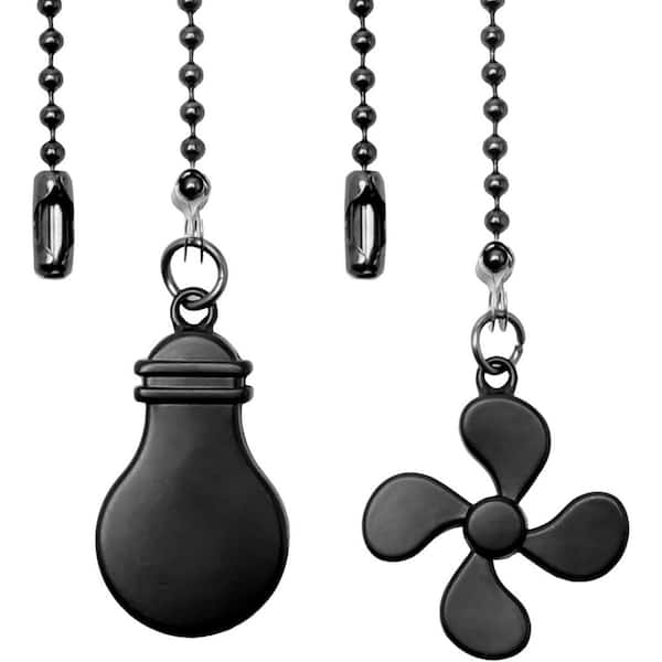 Retro Style 12 in. Black Ceiling Fan Pull Chains with Fan and Bulb Ornaments Connector 2-Pack for Fans and Lights