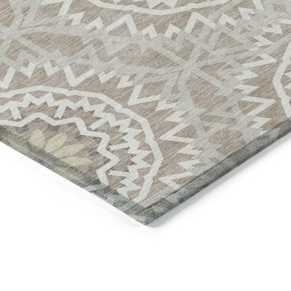 Taupe, Khaki, Ivory 9 ft. x 12 ft. Woven Floral, Medallion Polyester Rectangle Indoor/Outdoor Area Rug