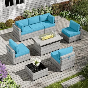 8-Piece Wicker Outdoor Patio Sectional Conversation Set with Cushions and Fire Pit Table Lake Blue