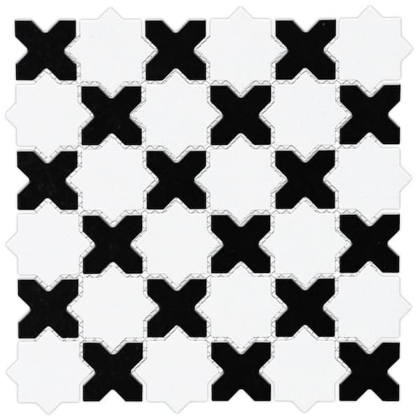 Merola Tile Metro 2 in. Star Matte White with Matte Black Cross 6 in. x 6 in. Porcelain Mosaic Take Home Tile Sample