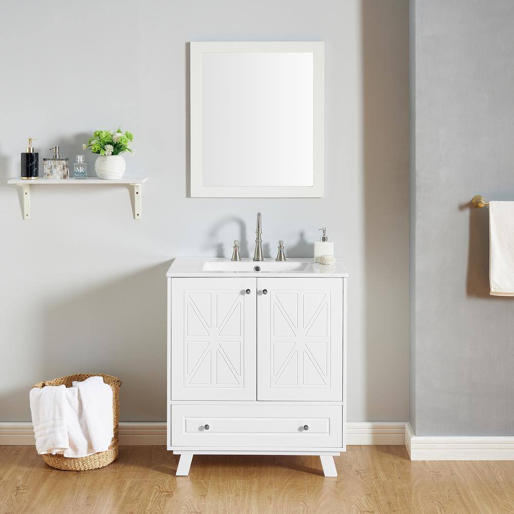 White MDF Single Sink Freestanding Bath Vanity with Ceramic Top