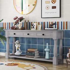 64 in. Gray Rectangle Wood Console Table with Drawers and Shelf for Entryway,Hallway, Living Room,Extra-thick Sofa Table