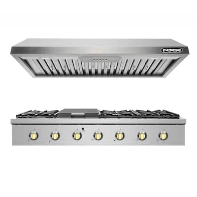 Entree Bundle 48 in. Pro-Style Liquid Propane Cooktop with Griddle Burner and Range Hood in Stainless Steel and Gold