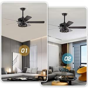 Industrial 52 in. Indoor Black Ceiling Fan with Caged Lampshade, 2-Color-Option Blades and Remote Included