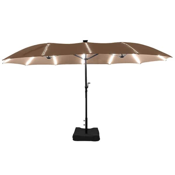 15 ft. Rectangle Patio Umbrellas in Tan with Solar Light 3 Level Brightness Glass Fiber Umbrella Rib, Base Included